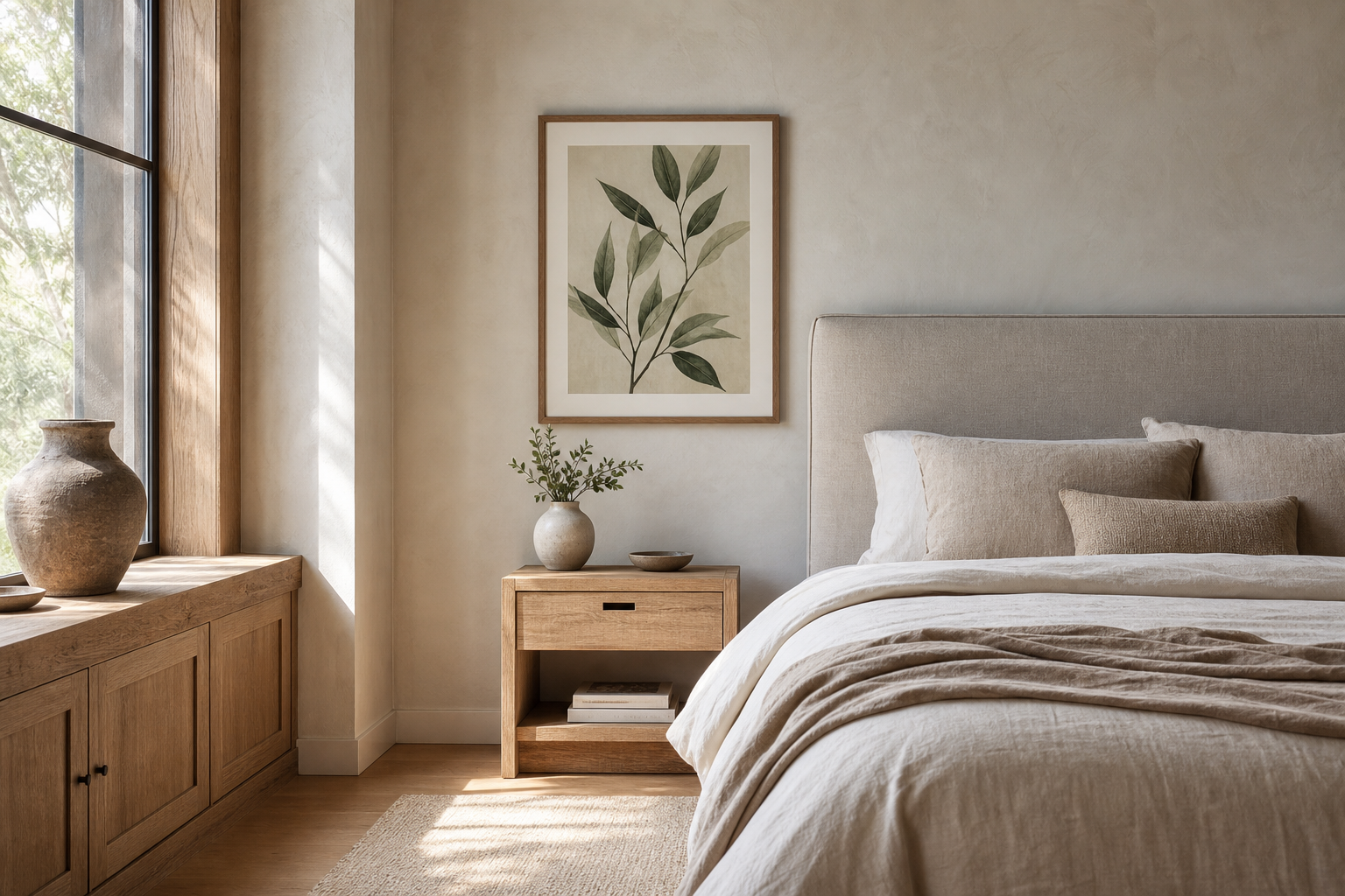 11x14 framed art in a calm bedroom interior