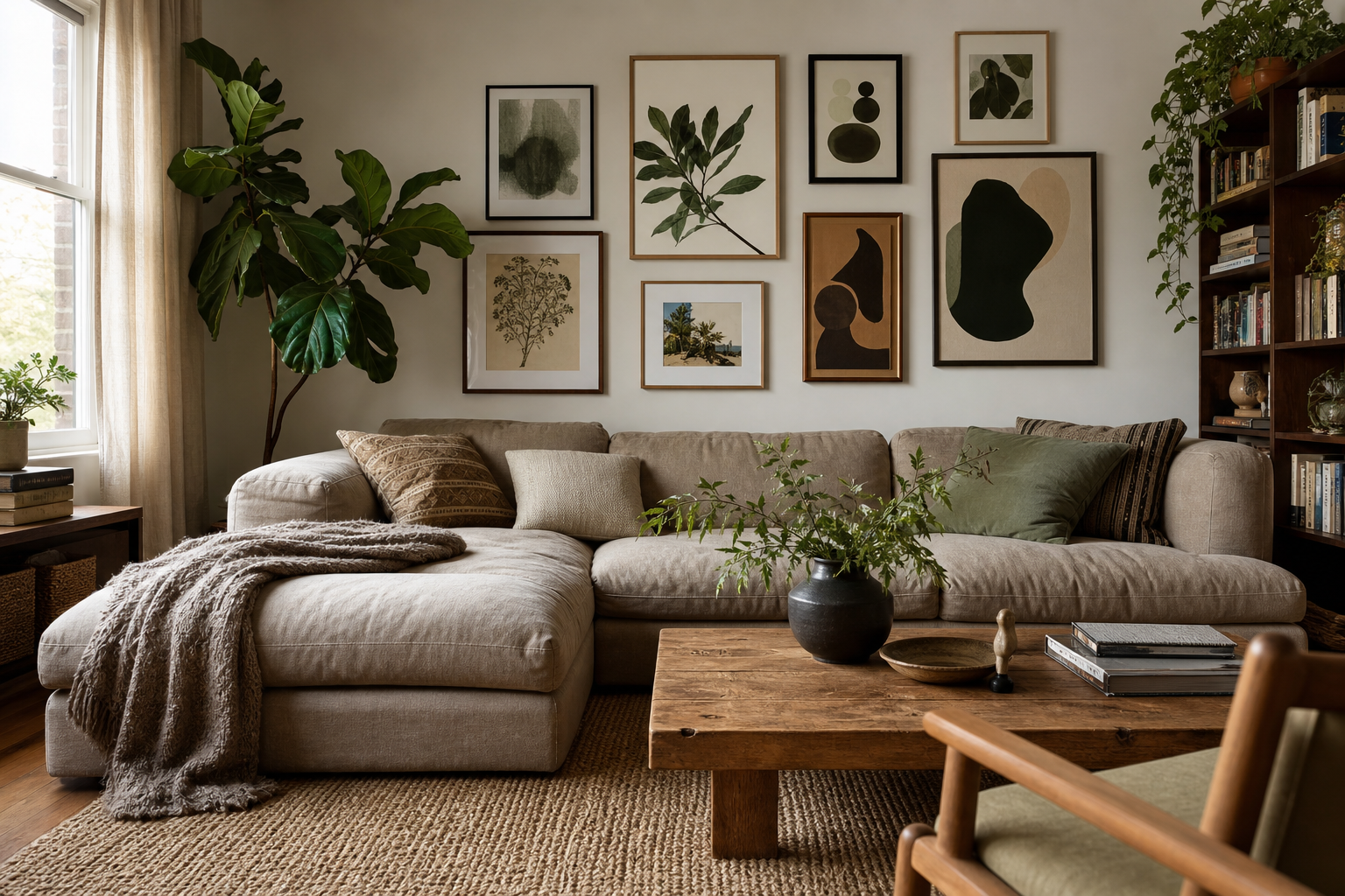 Living room gallery wall built around 11 x 14 framed art prints