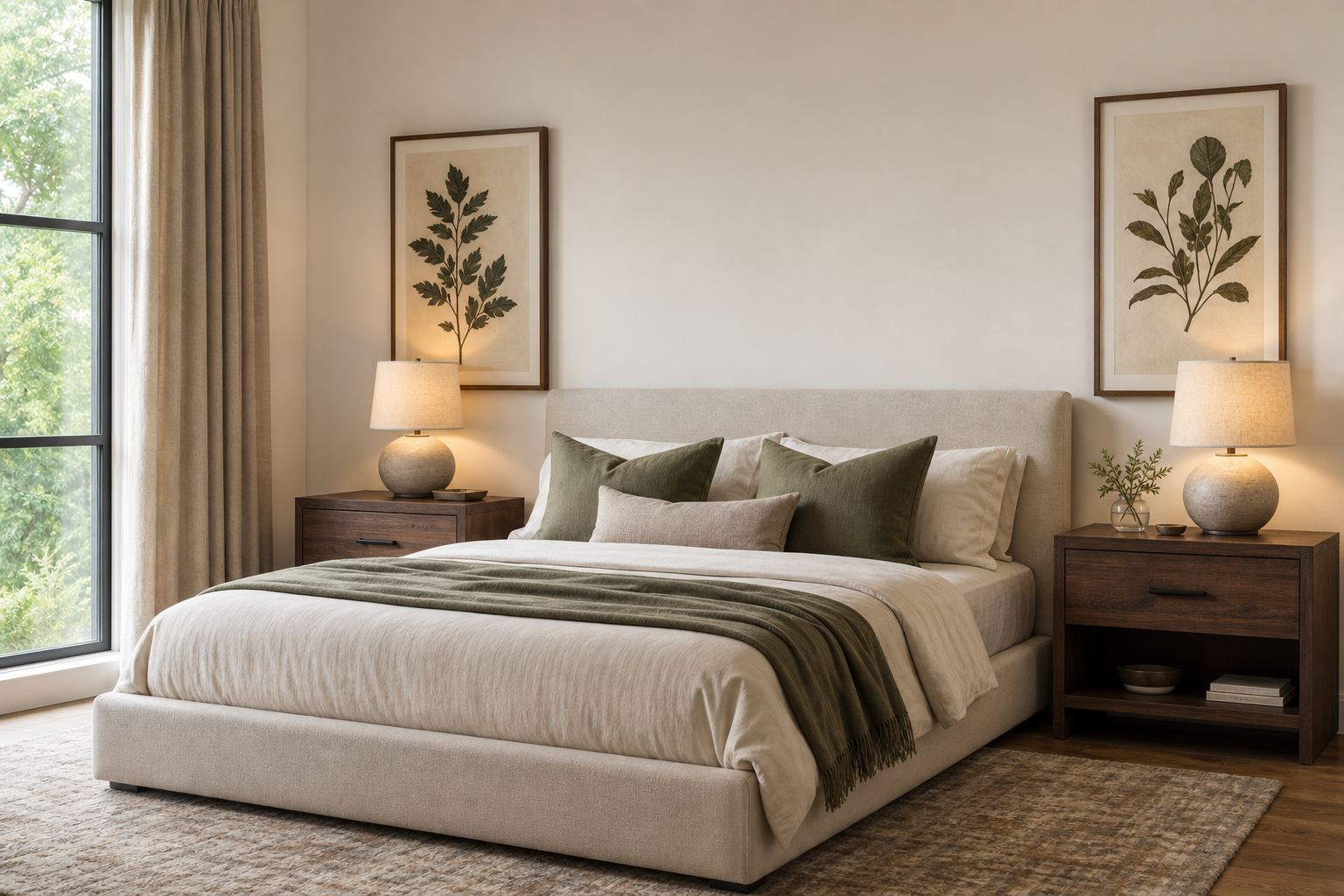 Pair of 11x14 framed prints above bedroom nightstands