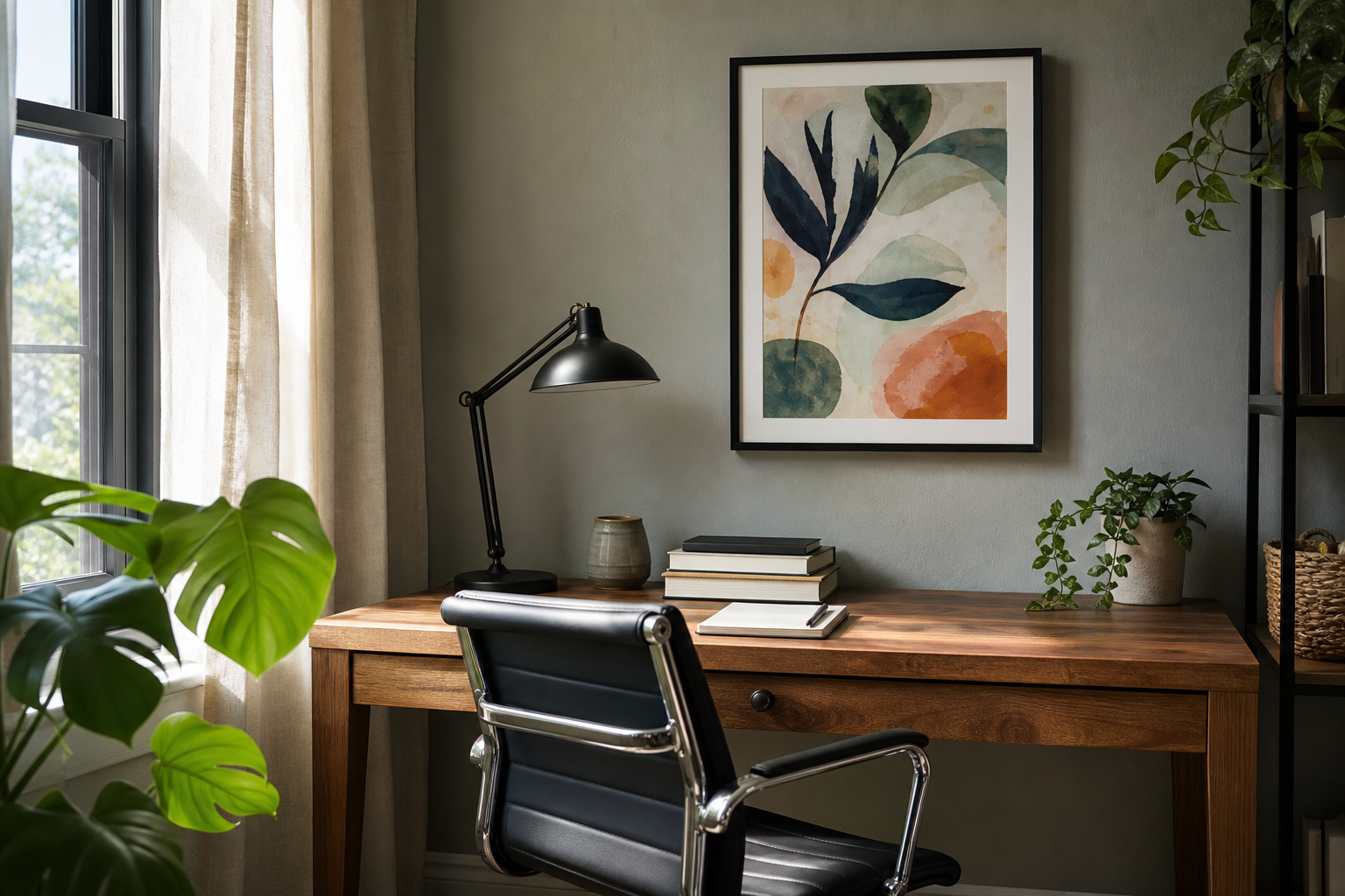 Home office corner with colorful 11x14 framed art print