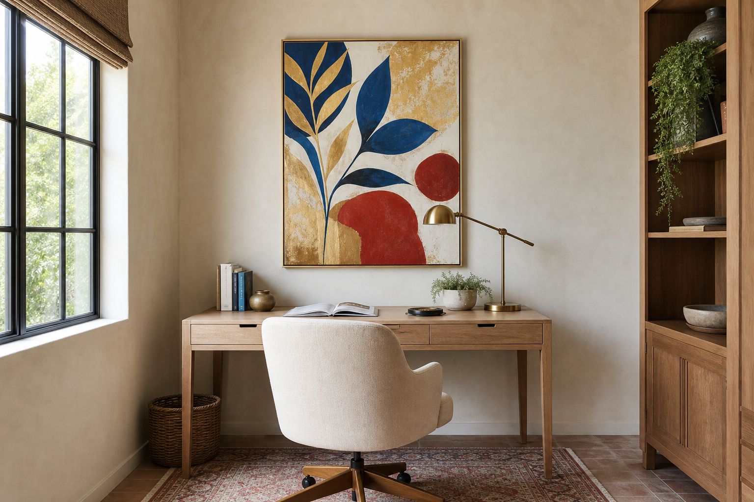 Home office with a colorful framed art print adding contrast to a neutral desk setup