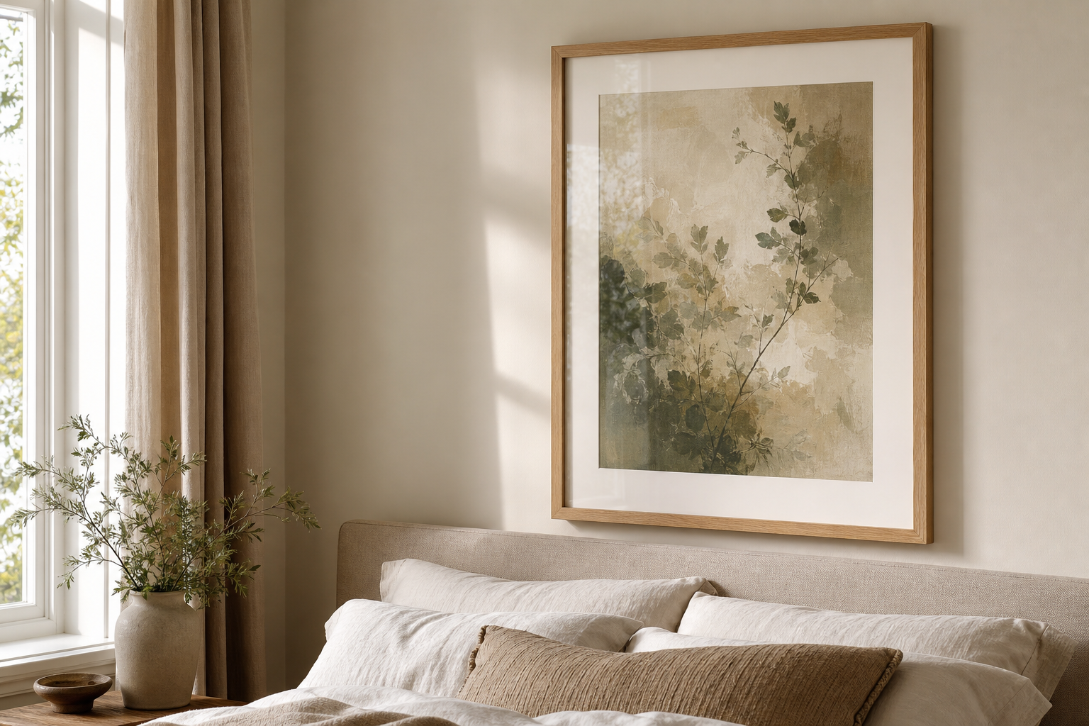 Close-up of a wood frame and matted art print in a calm bedroom