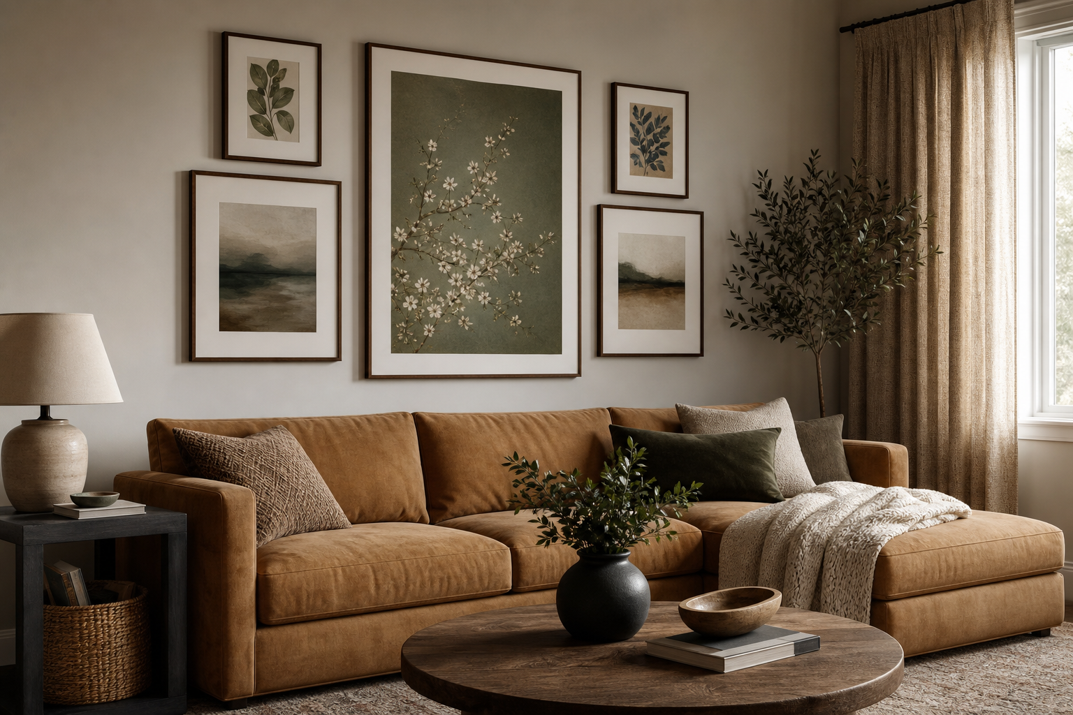 Living room gallery wall built around a larger central framed art print