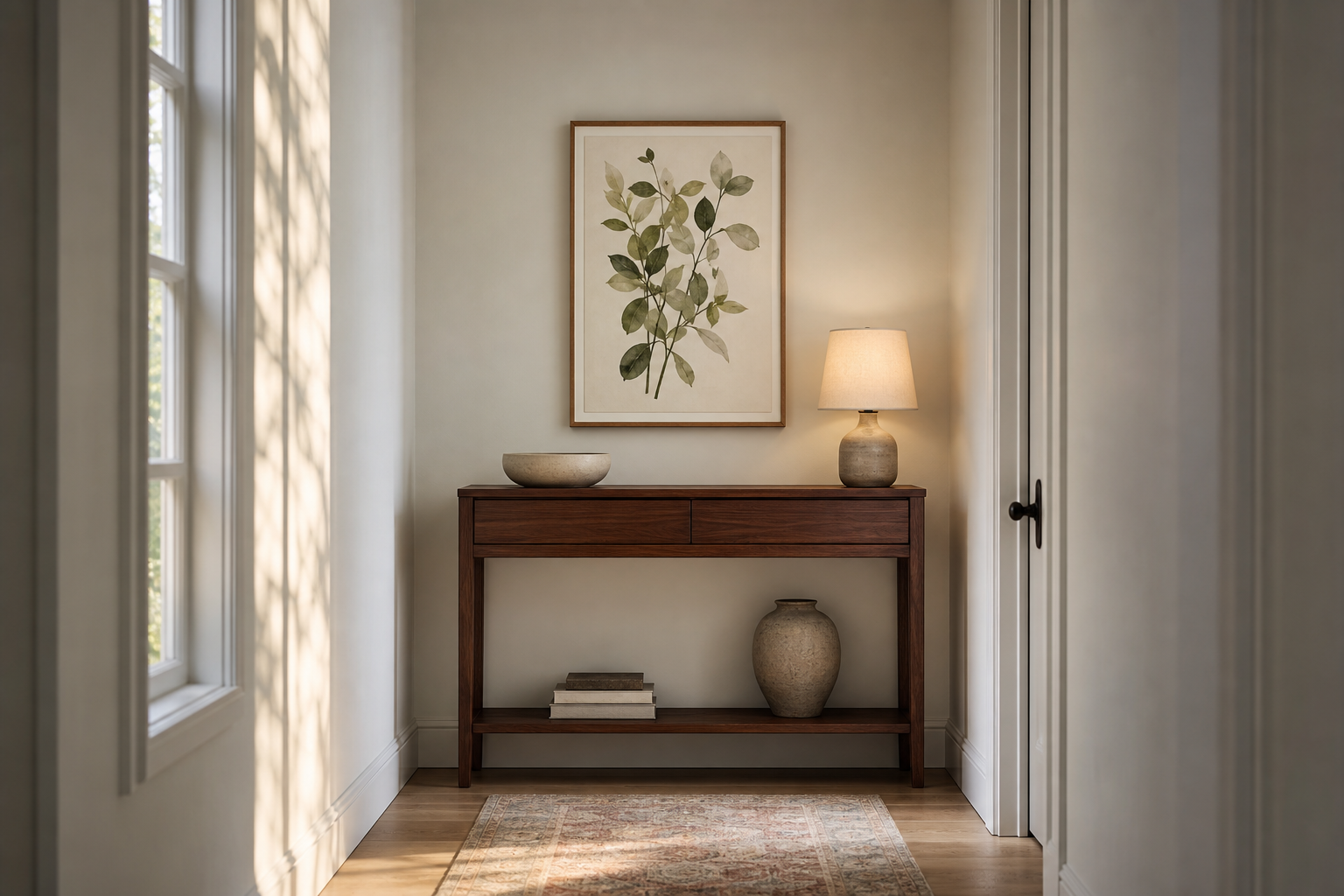Entry console with a centered framed art print and balanced spacing