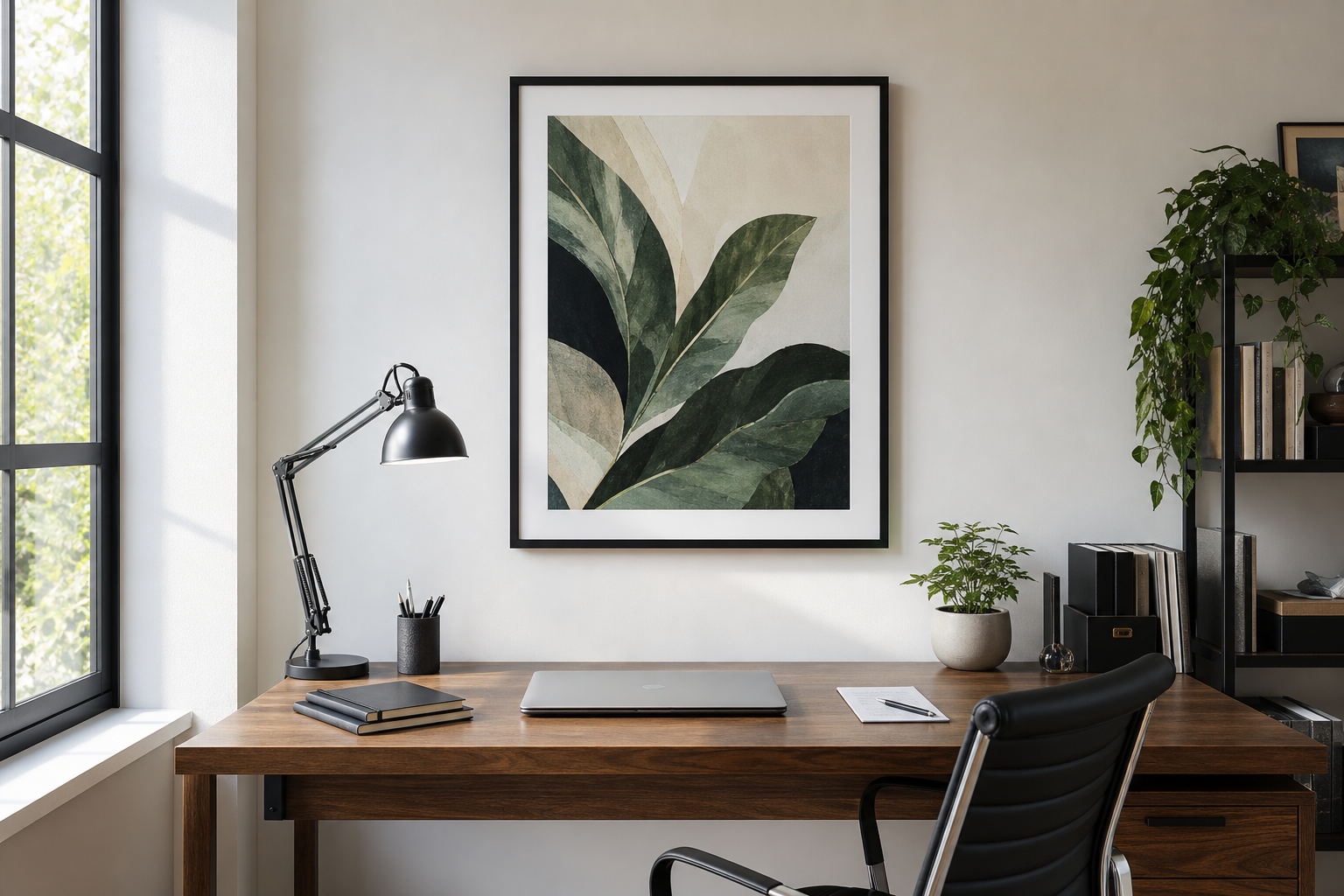 16x20 framed art above a desk in a home office