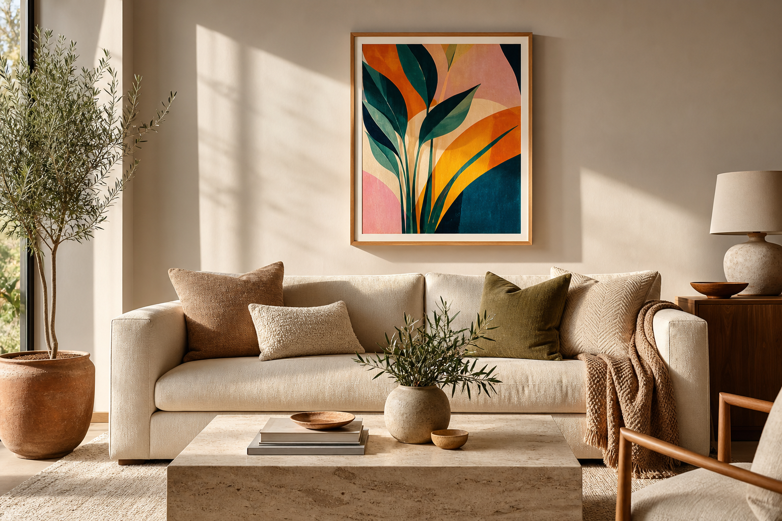 16x20 colourful wall art in a neutral living room