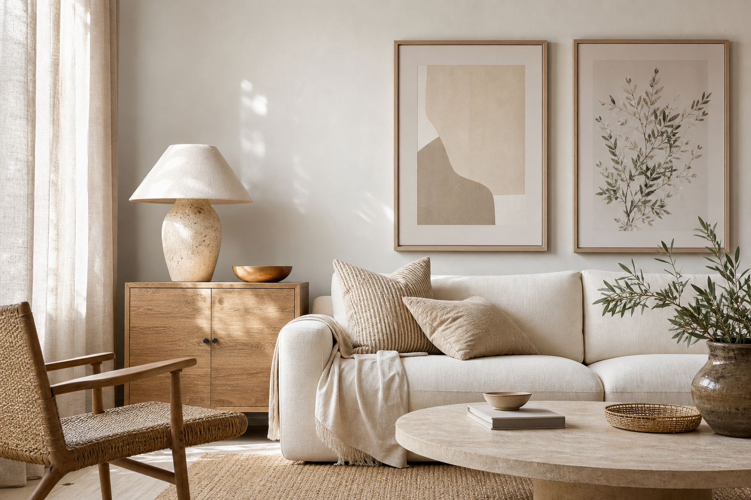 Neutral sitting room with soft abstract art and natural materials