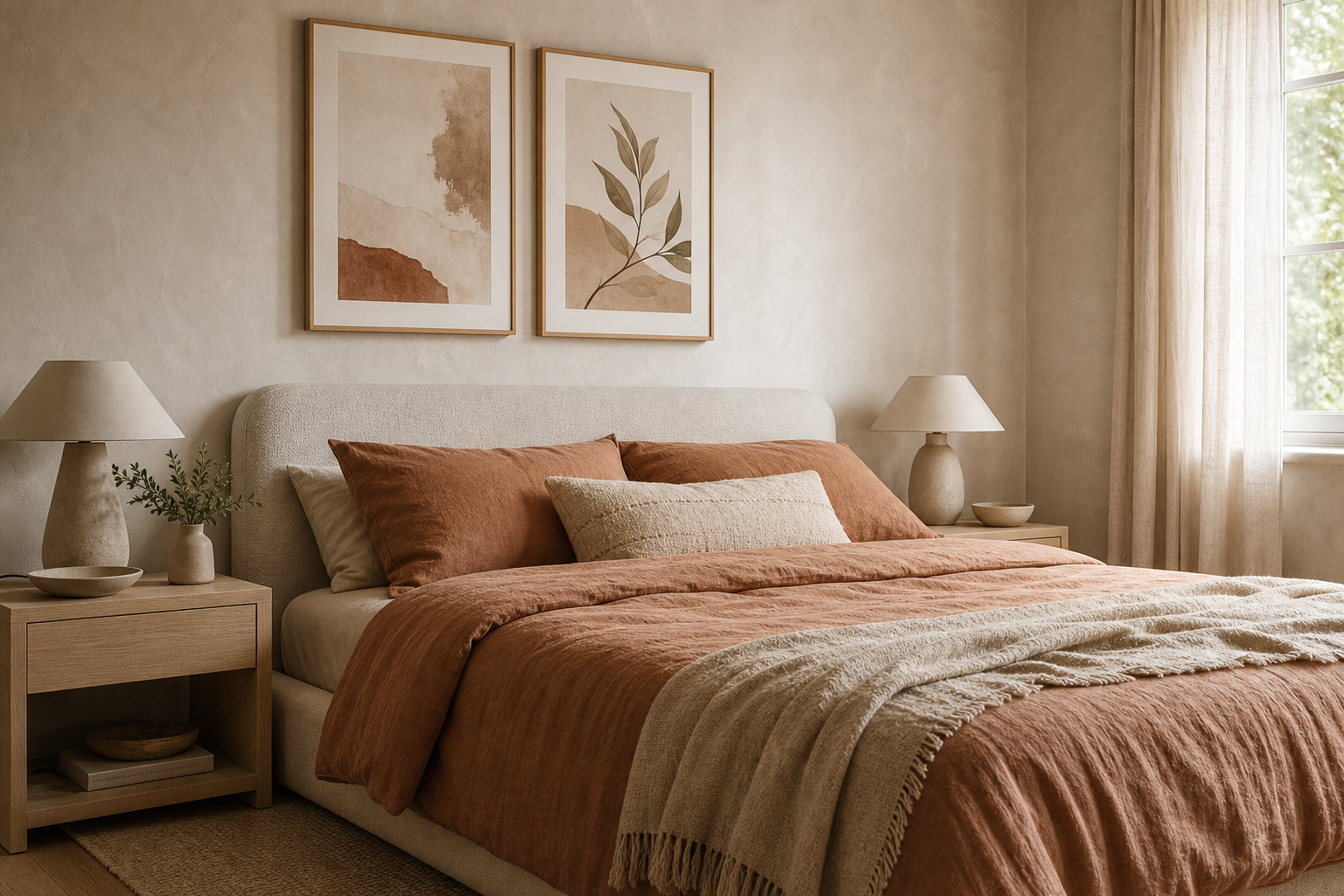 Bedroom with minimal abstract art and soft natural finishes