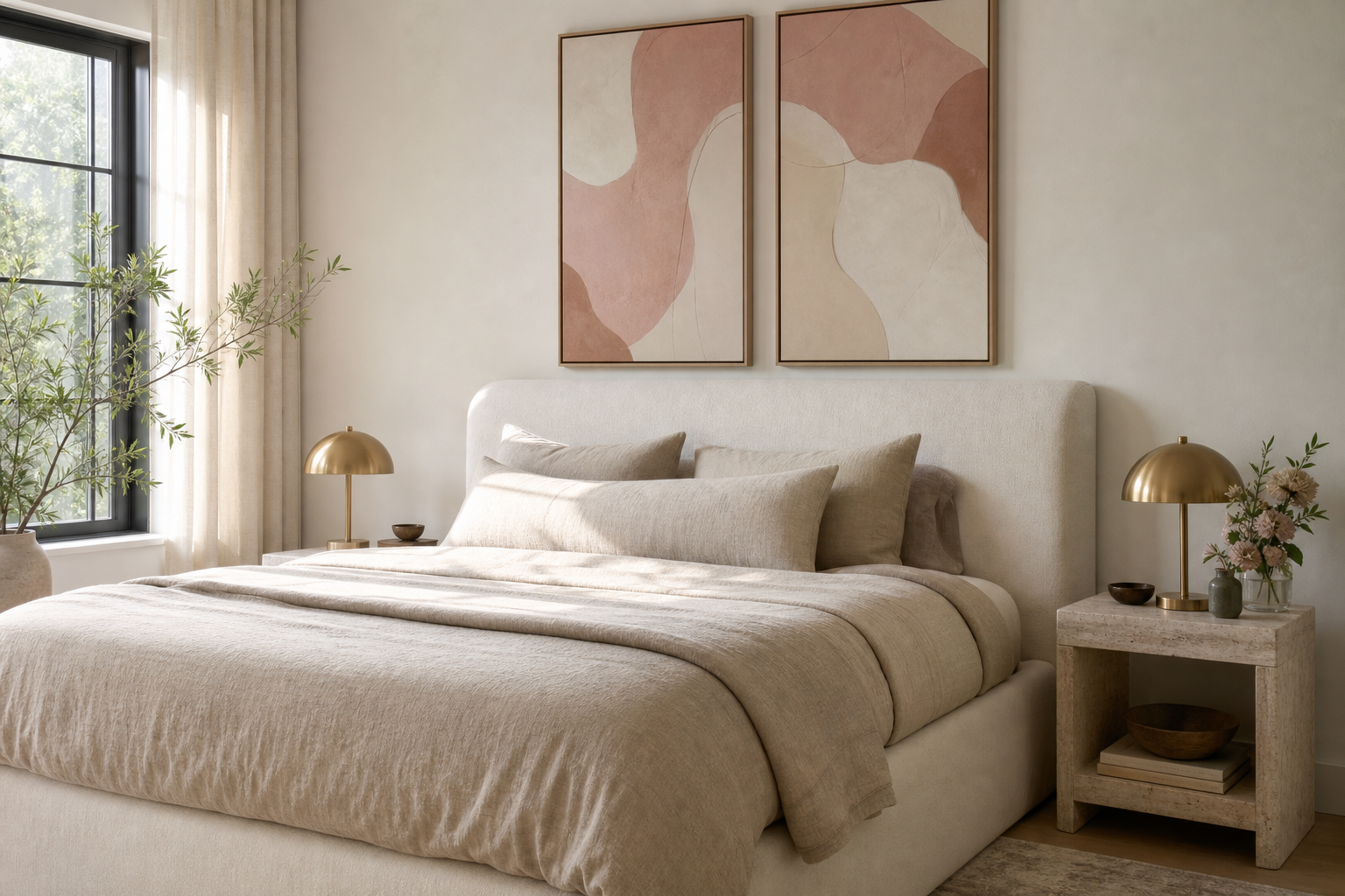 Bedroom with soft abstract art in blush and neutral tones