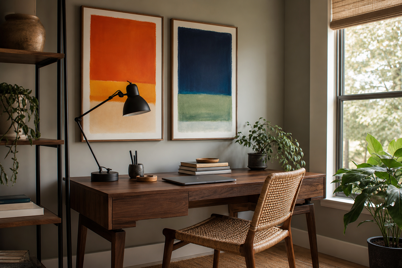 Home office with bold abstract wall art and warm wood desk