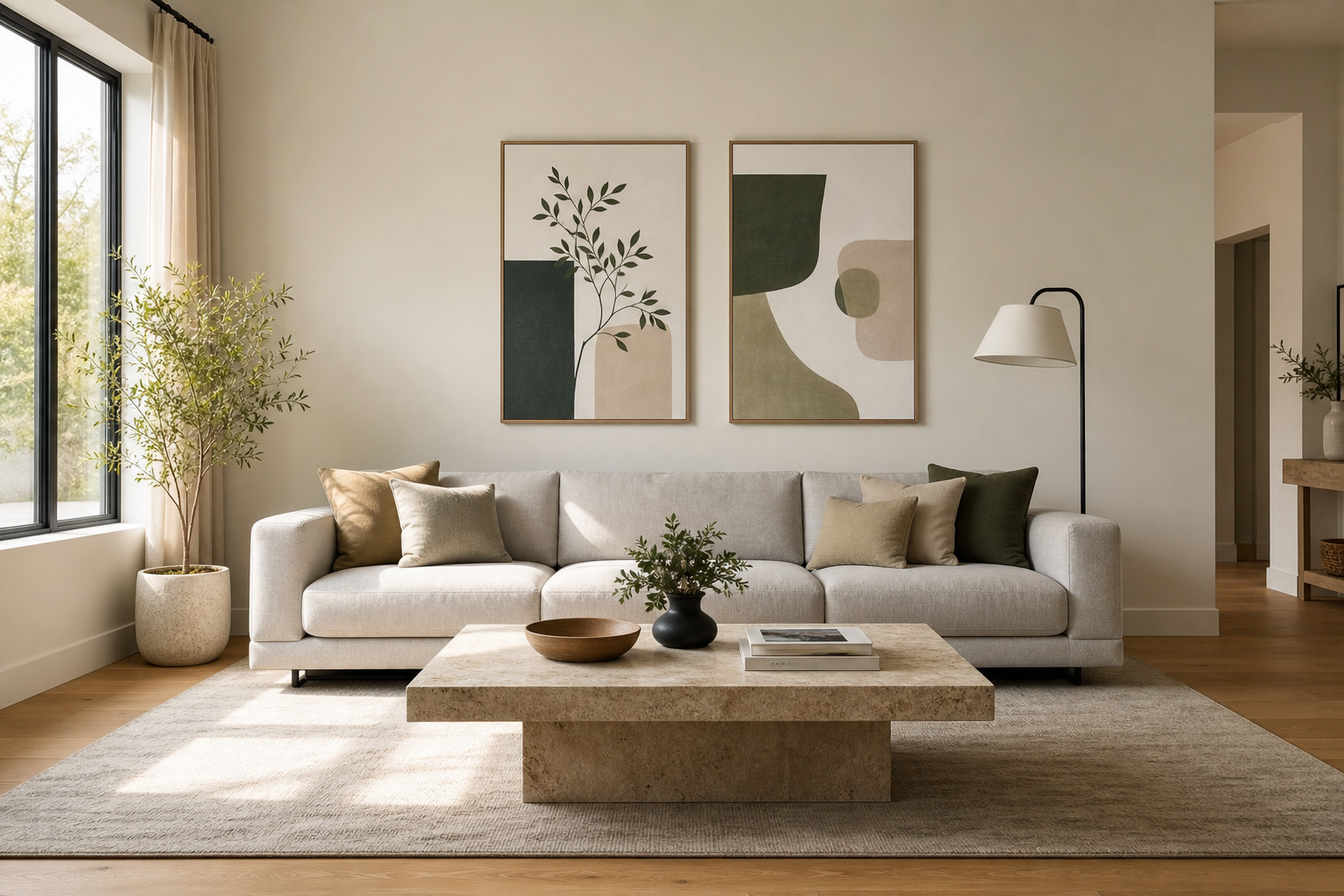 Living room wall showing two framed abstract prints above a sofa