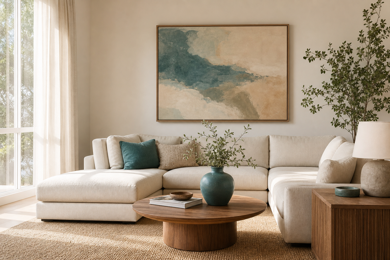 Neutral living room with teal abstract wall art and layered textiles