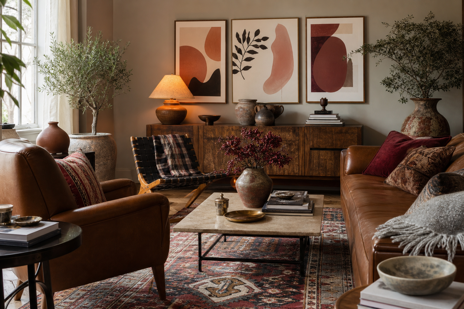 Warm eclectic living room with colorful abstract wall art