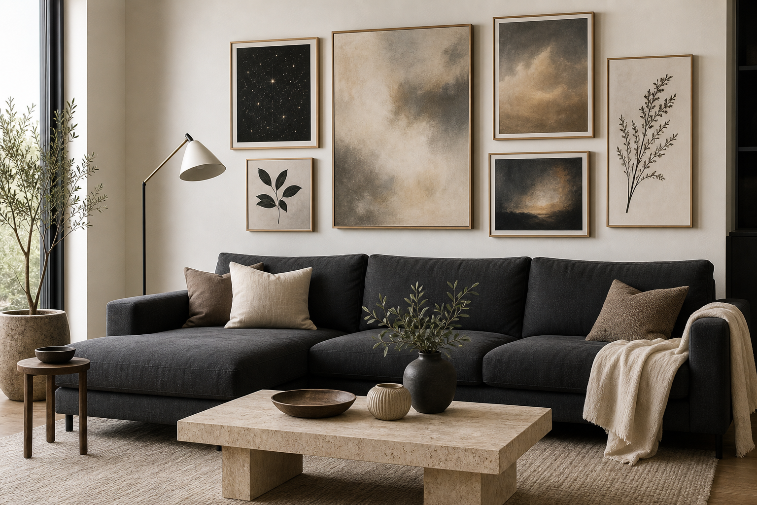Living room gallery wall with celestial-inspired art