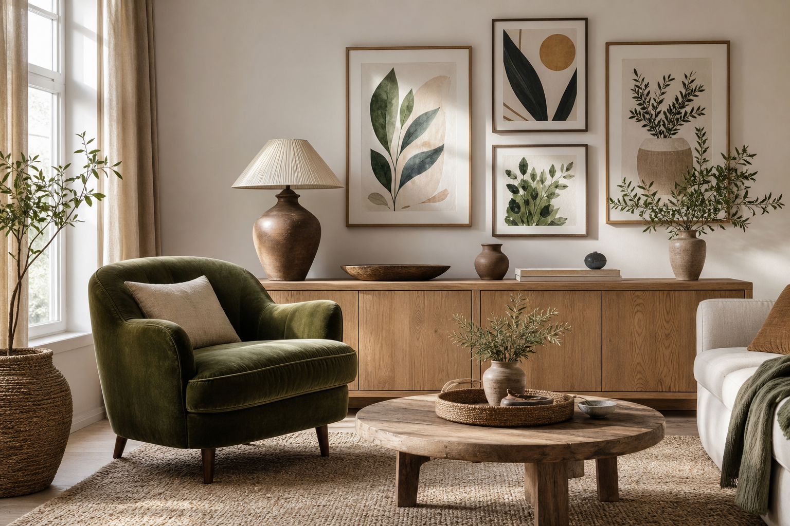 Eclectic living room with colourful character wall art