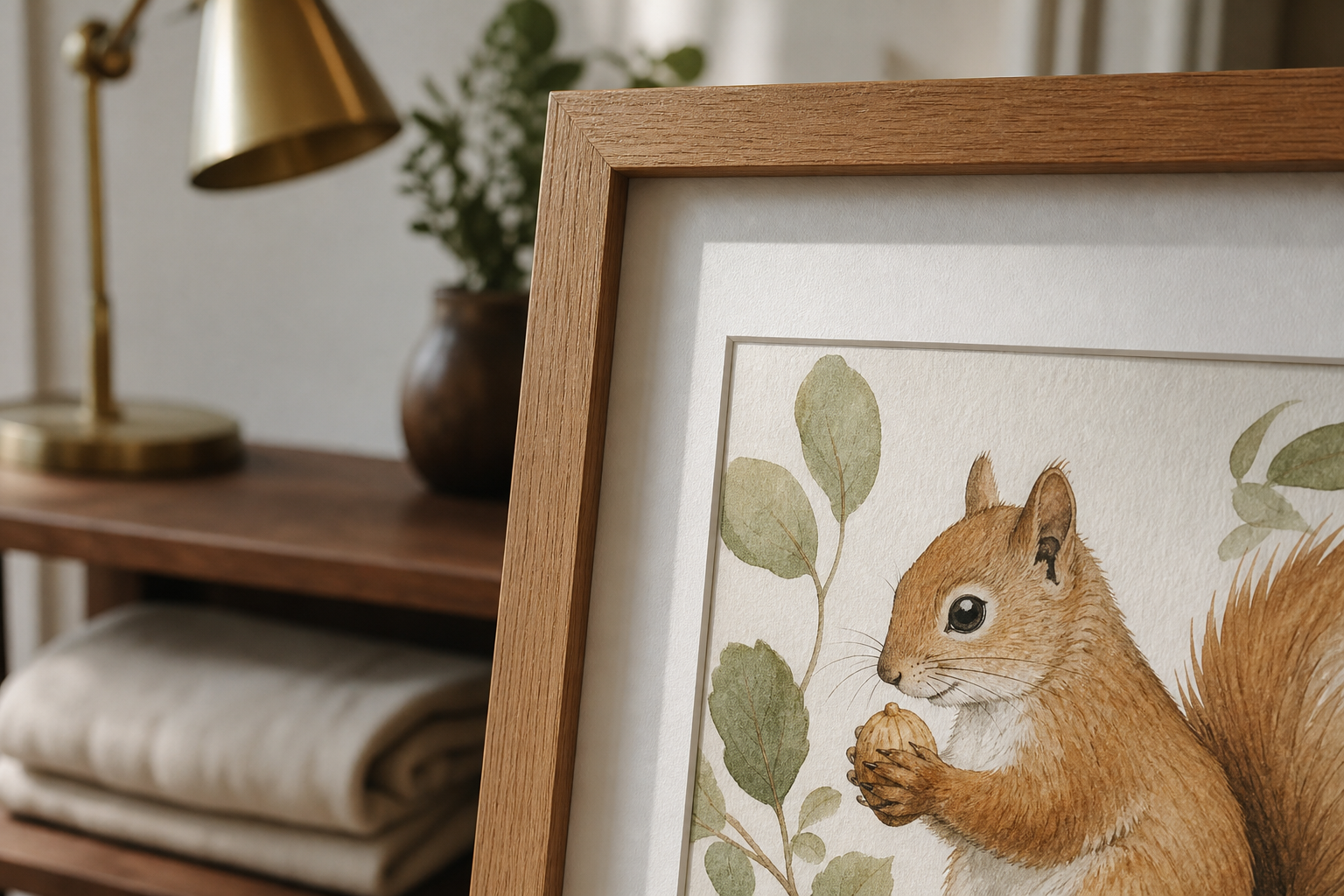 Close-up of oak frame with illustrated animal print