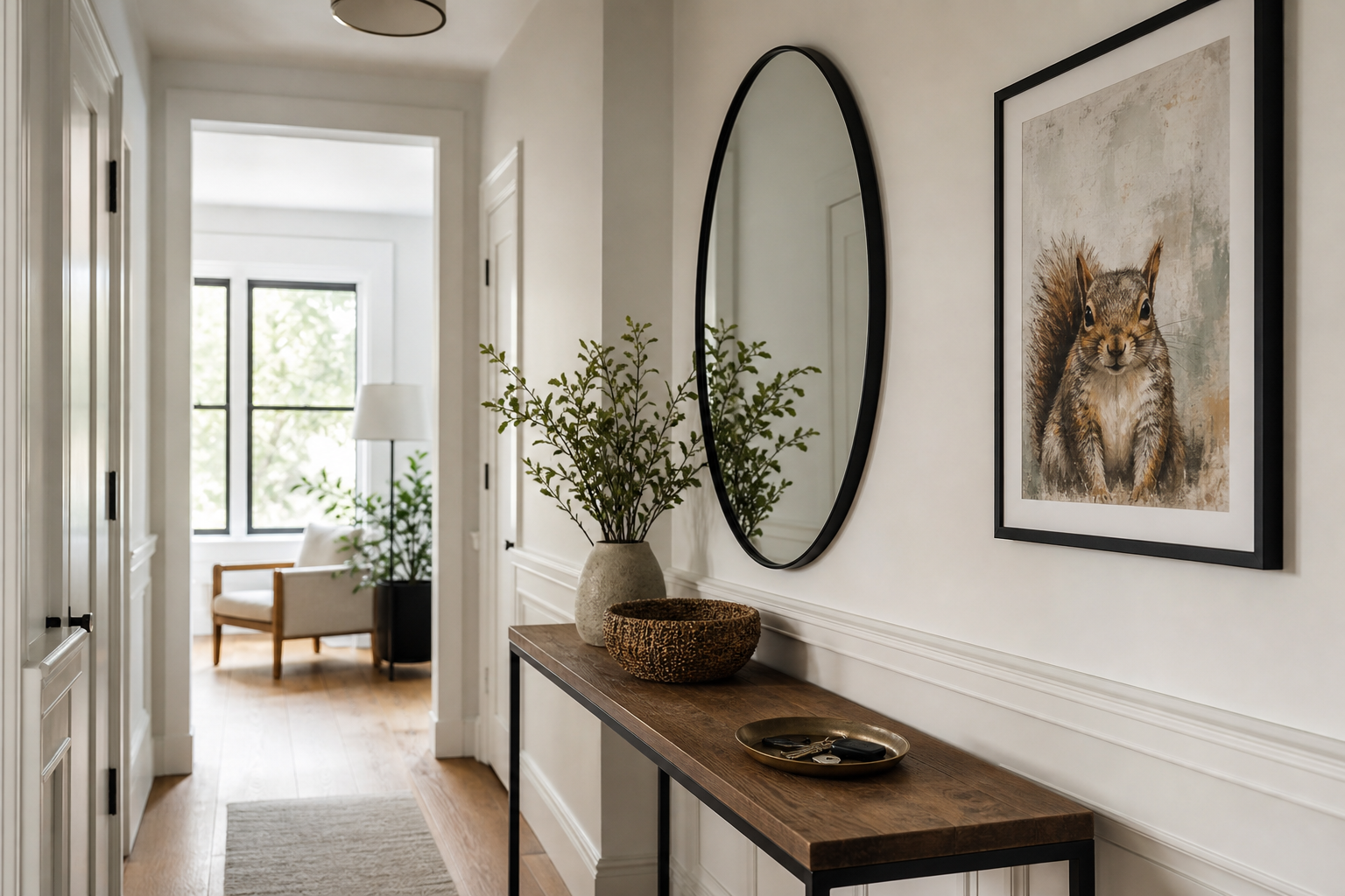 Hallway with playful squirrel illustration in black frame