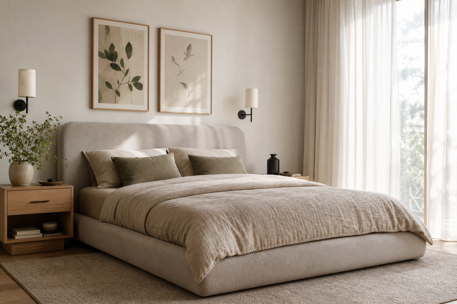 Bedroom styled with soft-toned whale and bird animal art prints