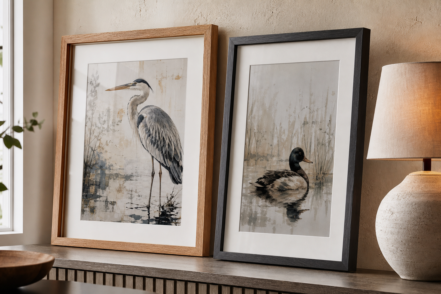 Close-up of framed animal wall art with oak and black frame finishes