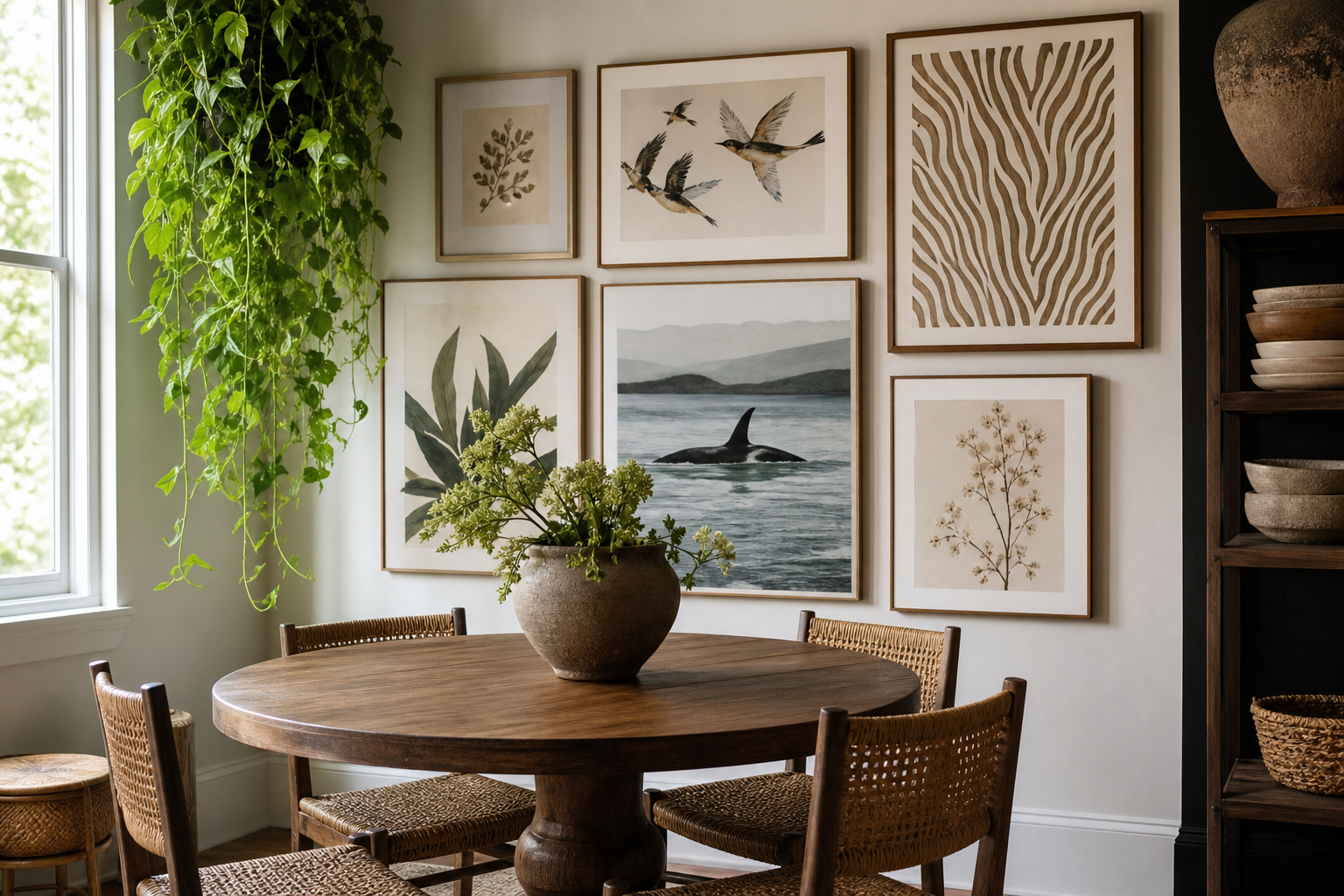 Eclectic gallery wall mixing animal, botanical, and landscape art prints
