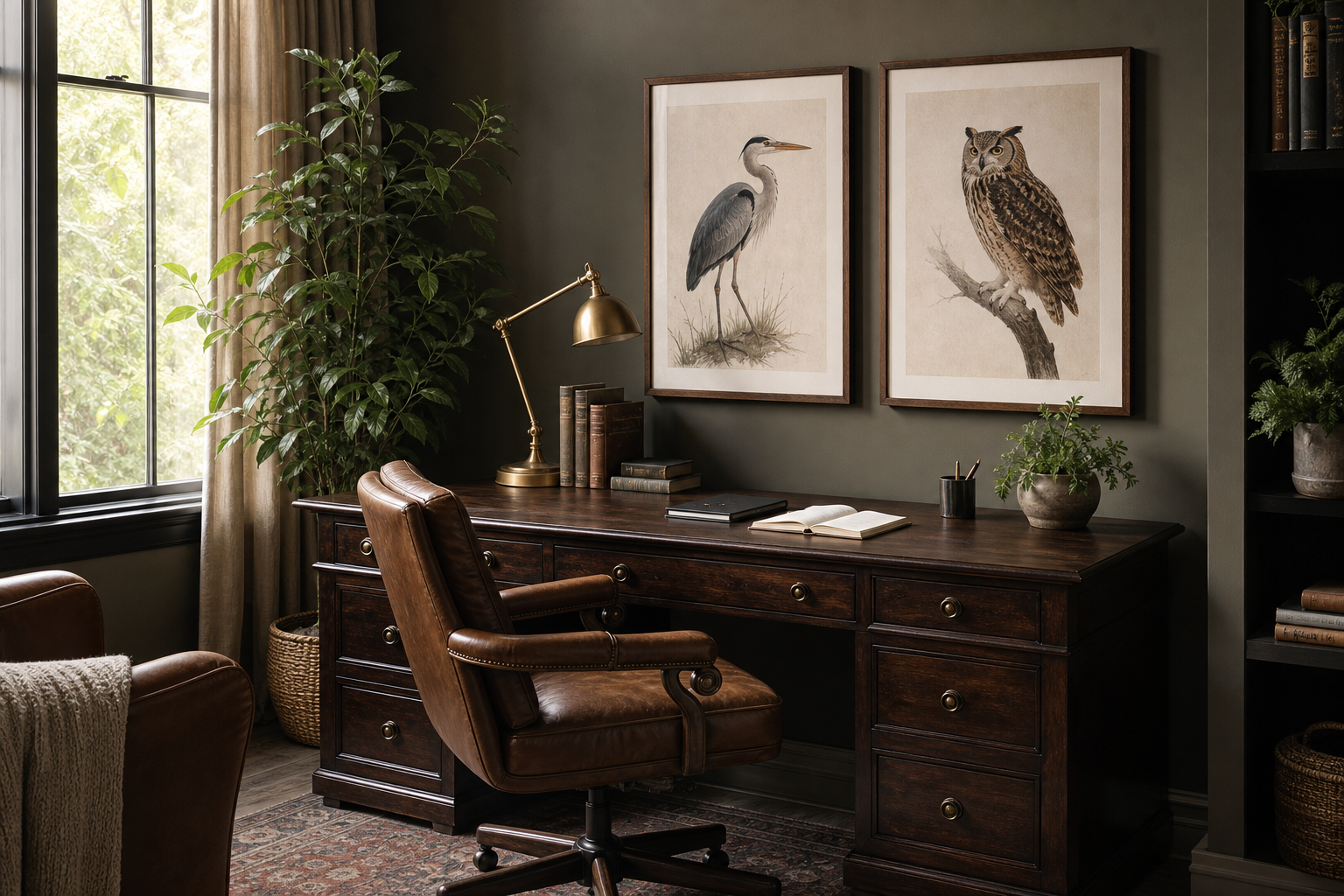 Home office corner with vintage animal illustration wall art