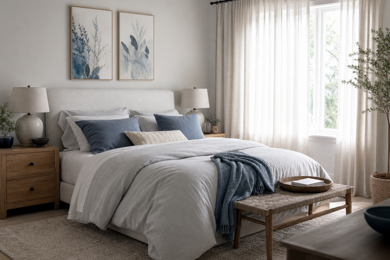 Calm bedroom with ocean-inspired animal wall art