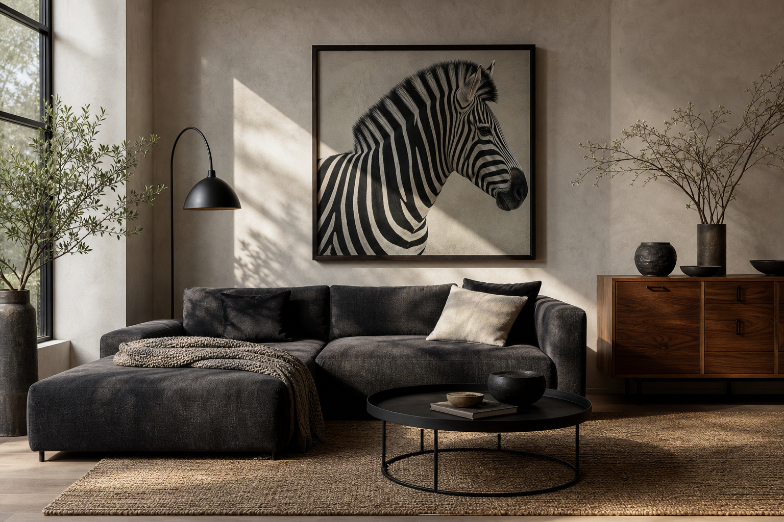 Modern sitting room with large wildlife art as a focal point