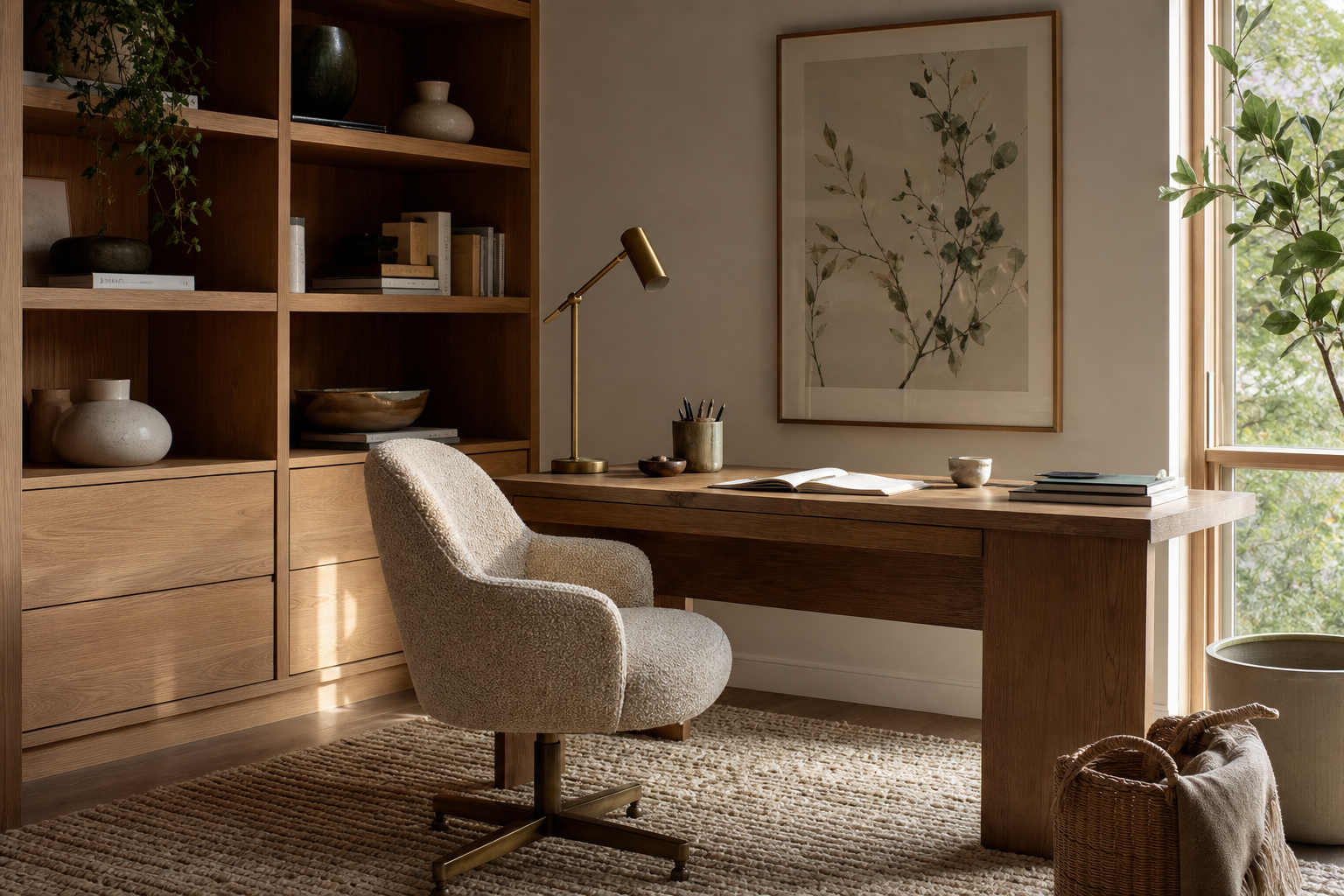 Home office styled with animal artwork and natural materials