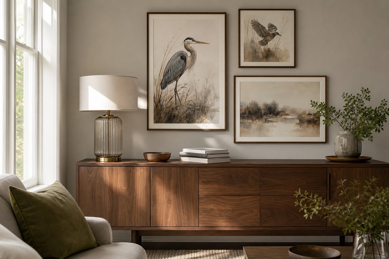 Example of animal art arranged above a sideboard