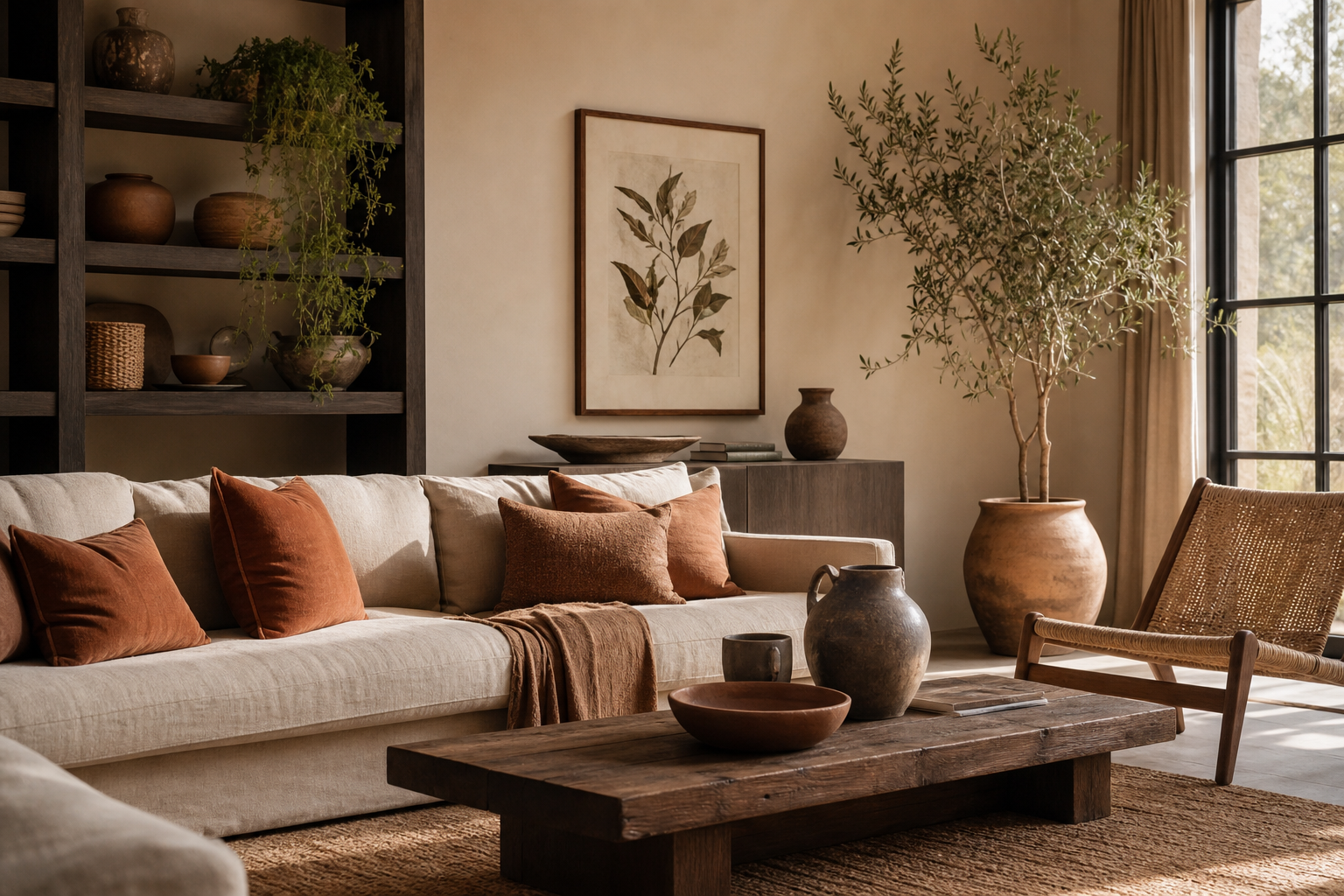 Earth-toned living room with animal art
