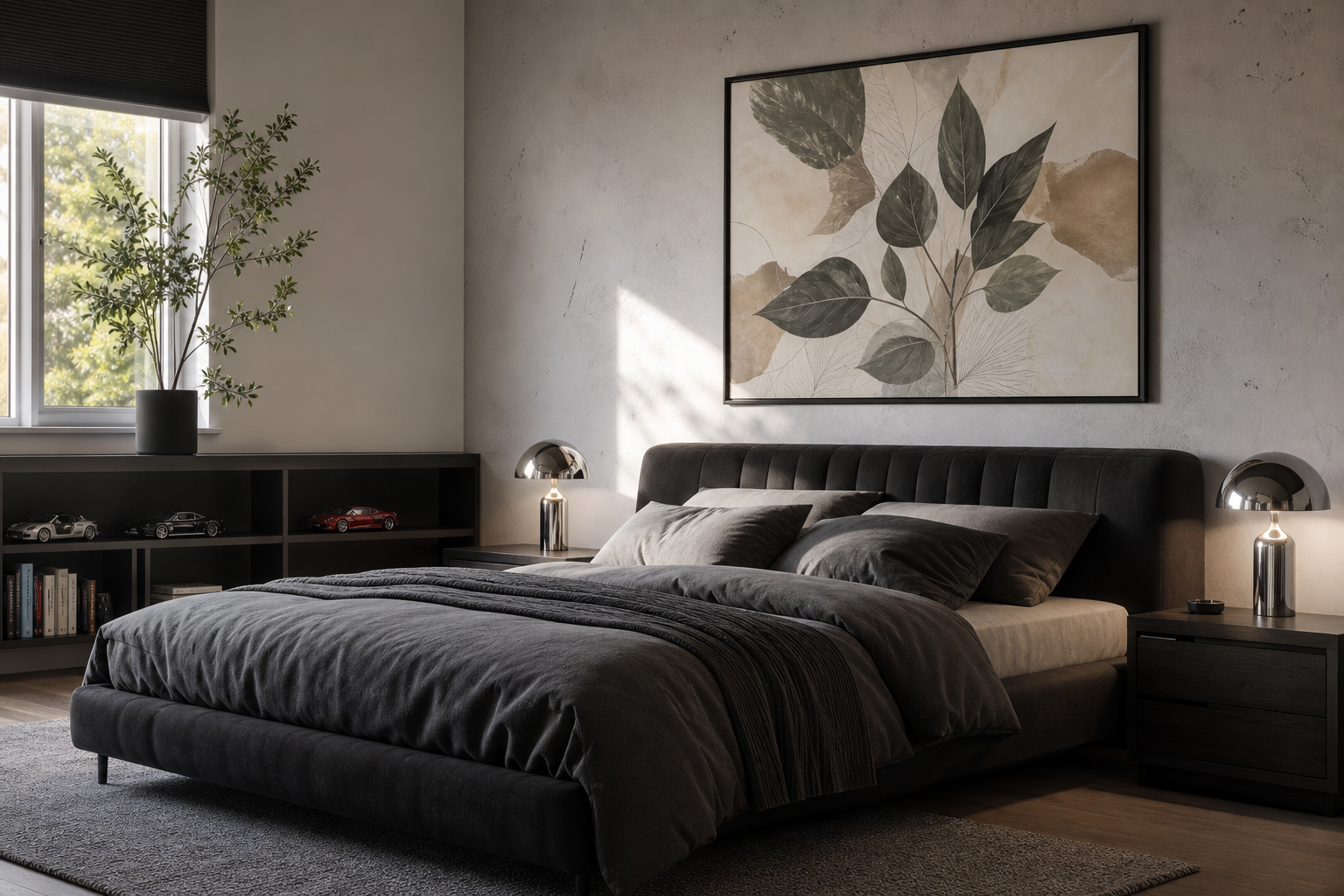 Bedroom with large anime-inspired automotive wall art above bed