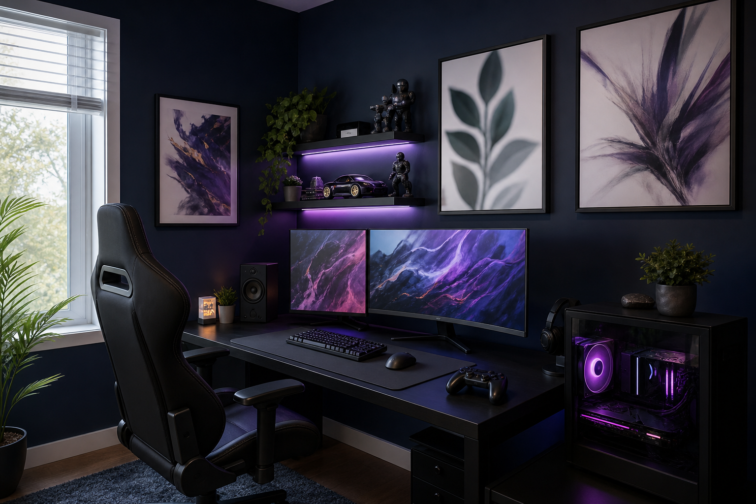 Gaming room with dark cyberpunk anime wall styling