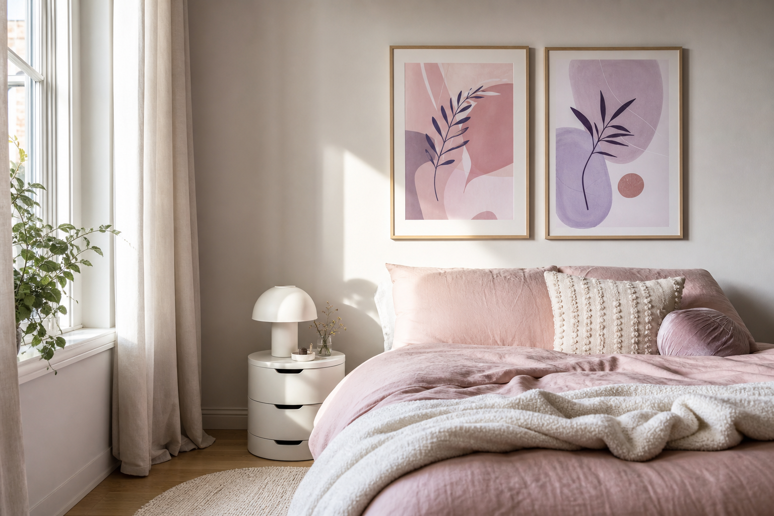 Soft pastel anime art above a blush bed
