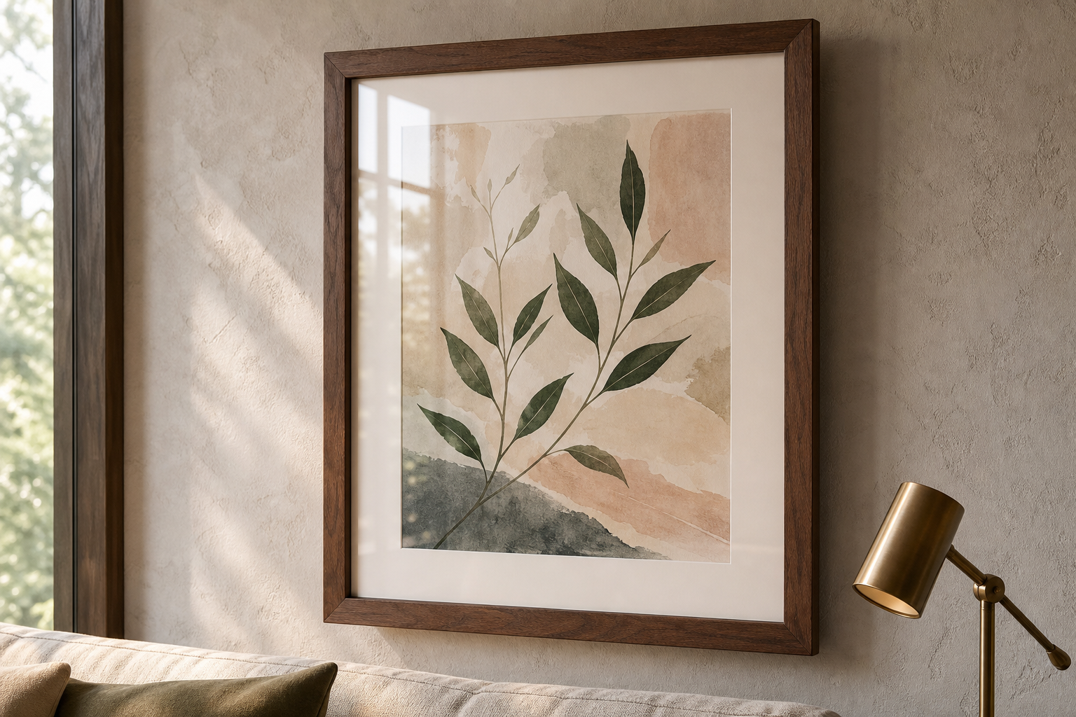 Close-up of framed anime-style art with mat and wood frame