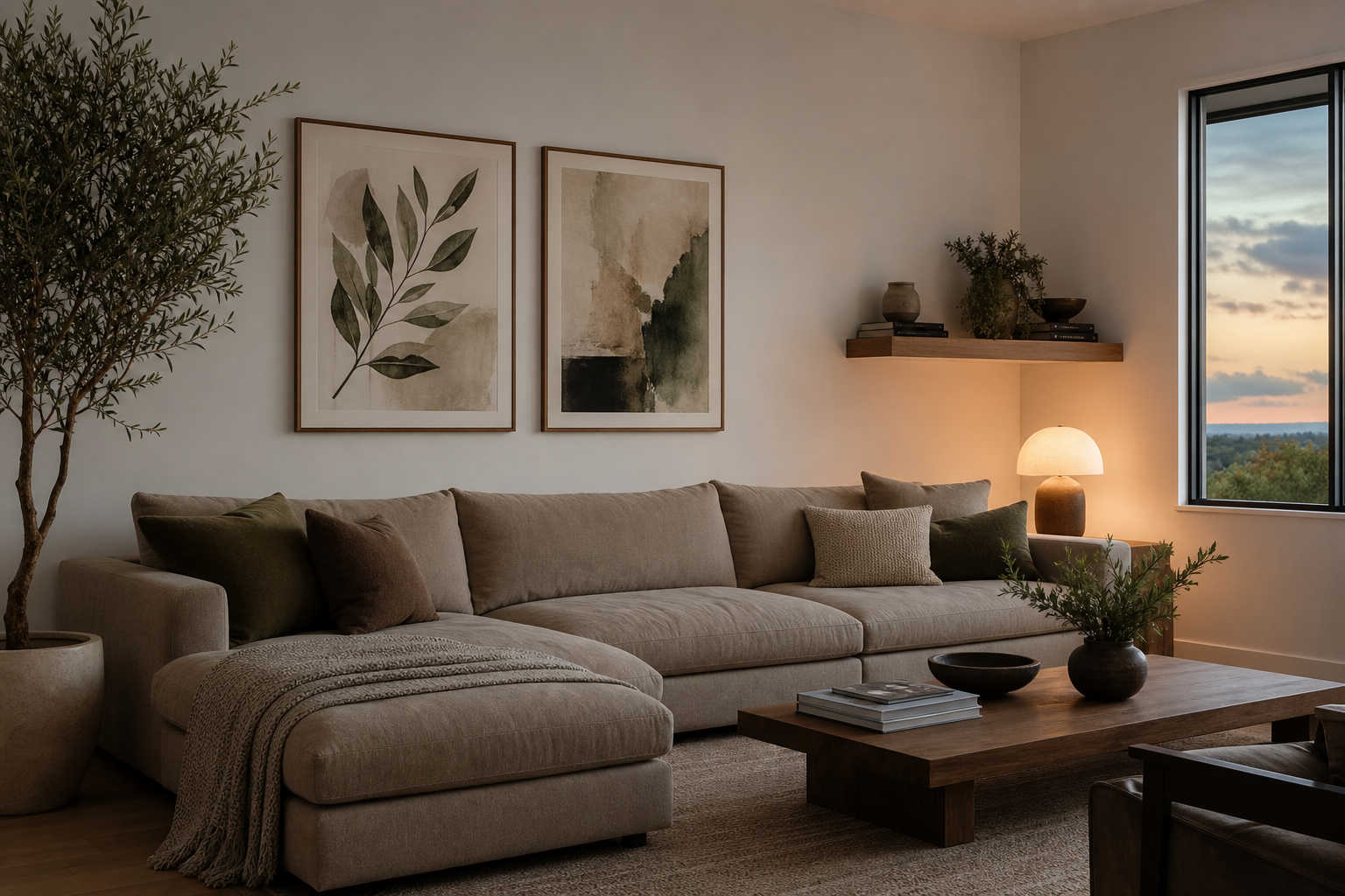 Calm living room with anime-inspired wall art mixed with plants and shelves