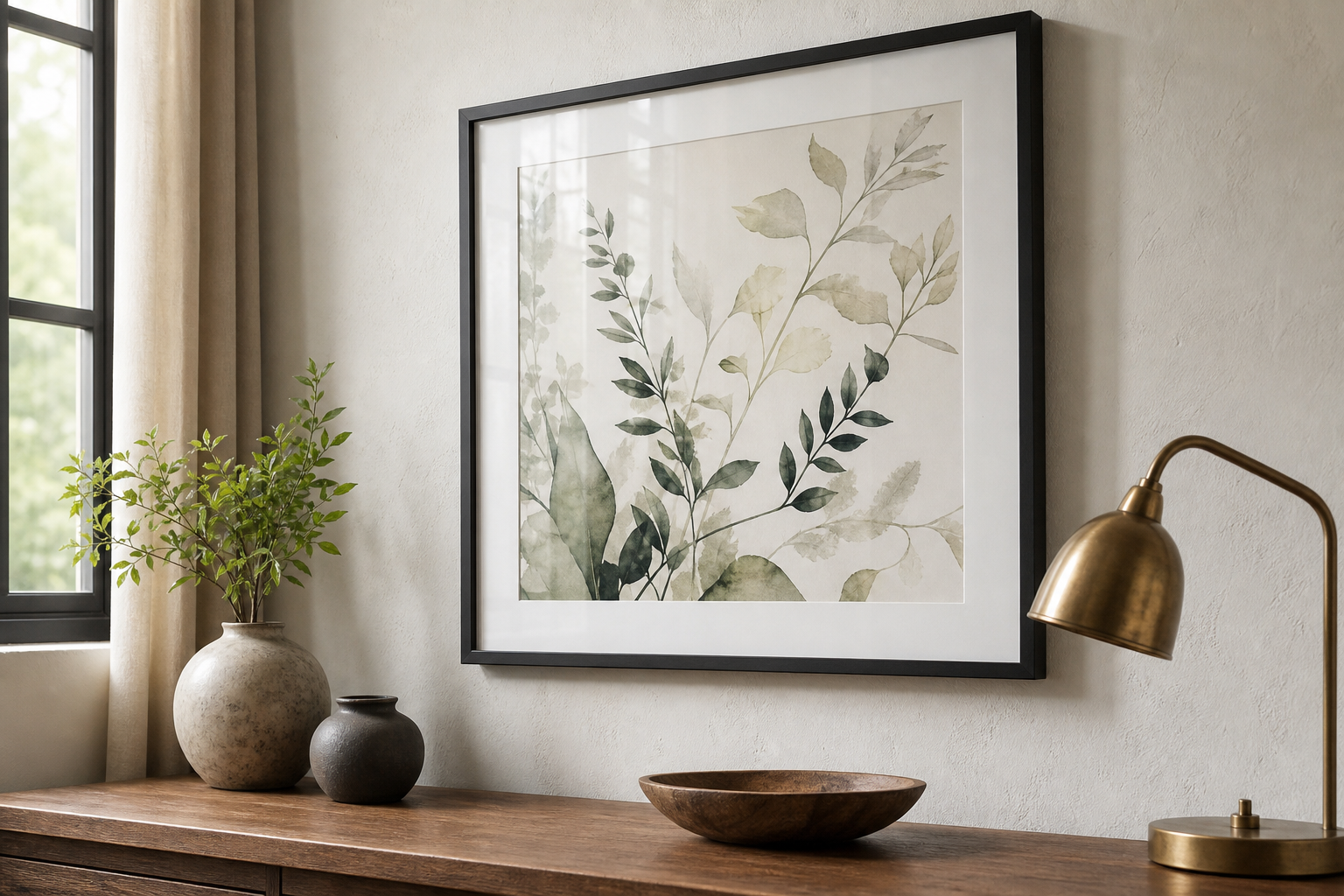 Close-up of anime art print in a black frame with mat