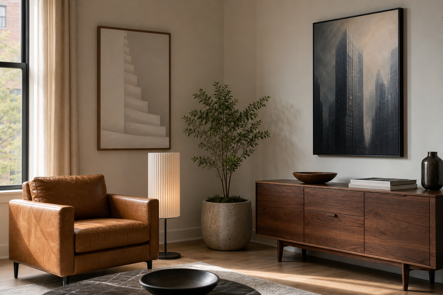 Living room corner with mixed architectural art styles