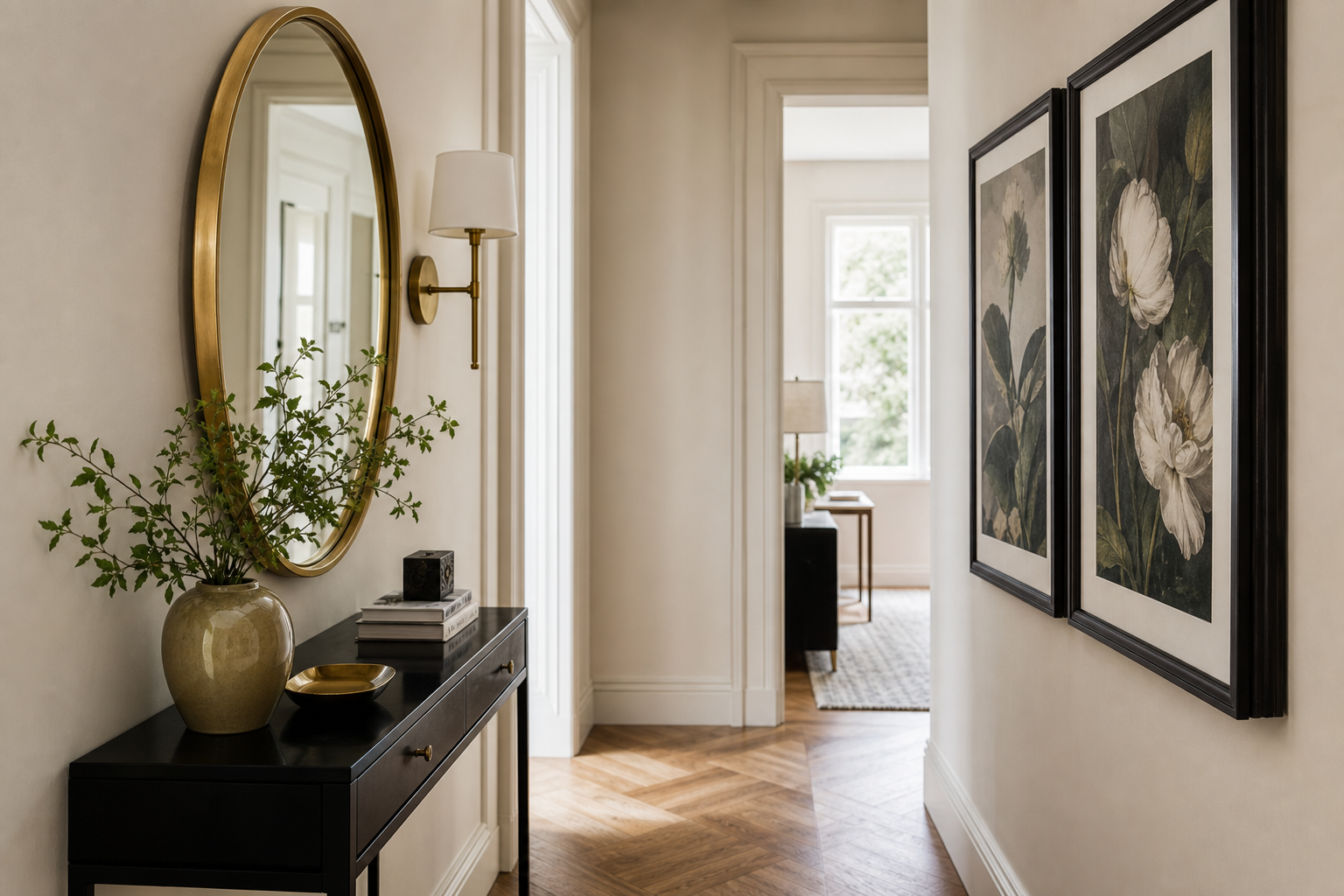 Hallway styled with Art Deco-inspired portrait prints and mirror