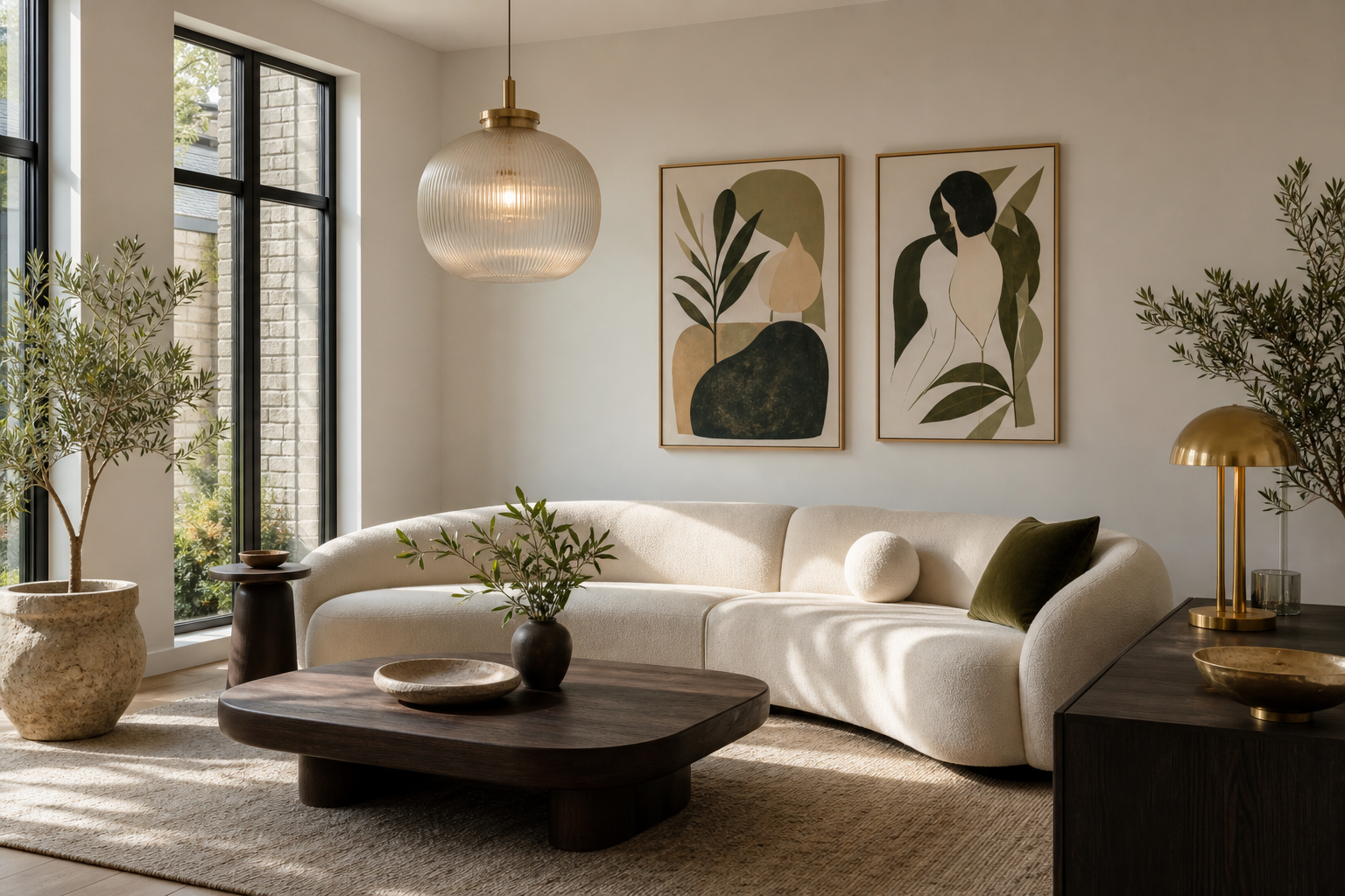 Modern living room with restrained deco portrait styling