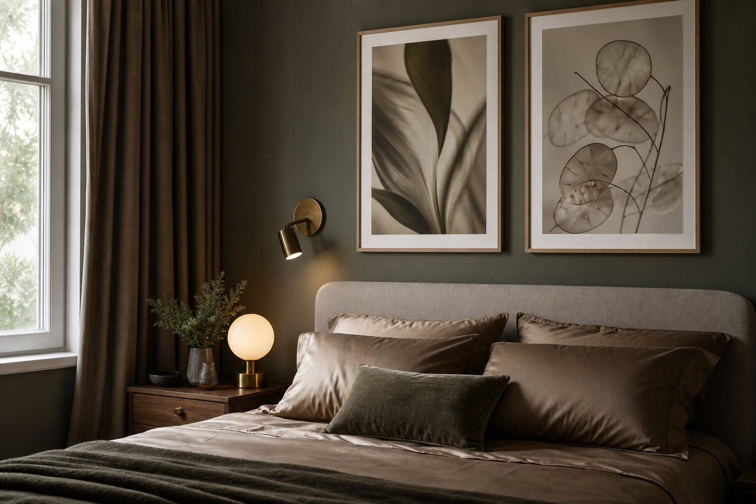 Bedroom corner with deco-inspired portrait art and rich colors