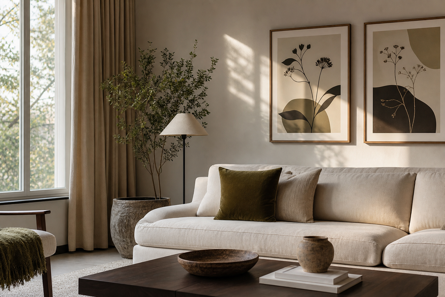 Modern living room styled with elegant vintage-inspired wall art