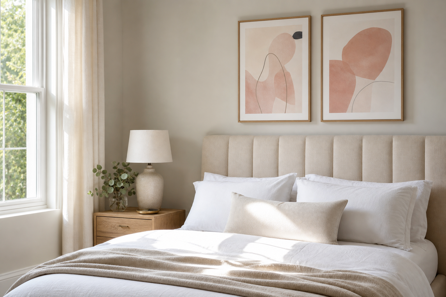 Bedroom with soft neutral abstract art above bed