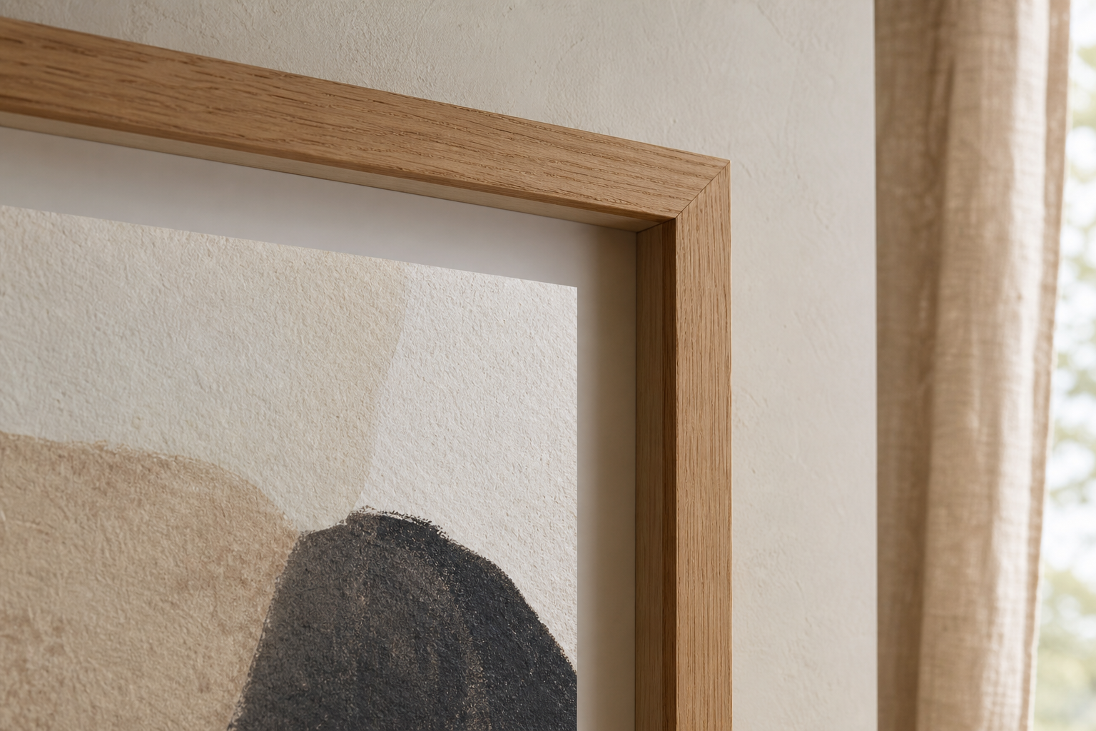 Close-up of oak frame and textured abstract print