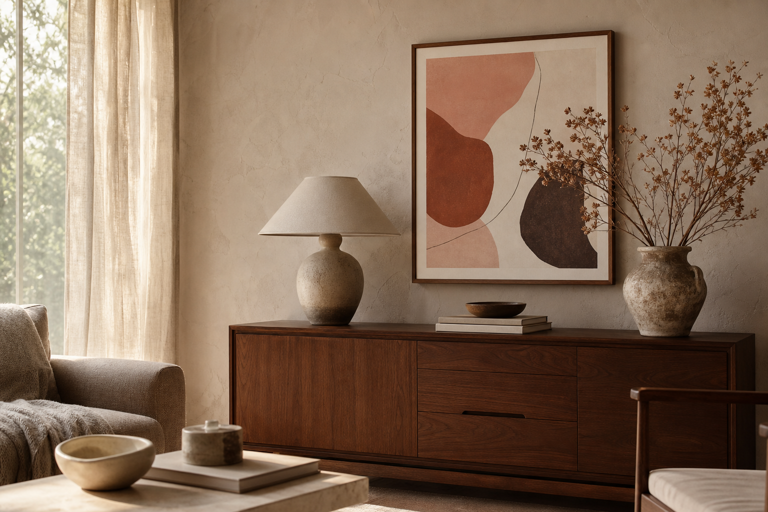 Living room corner with warm-toned abstract art above a sideboard