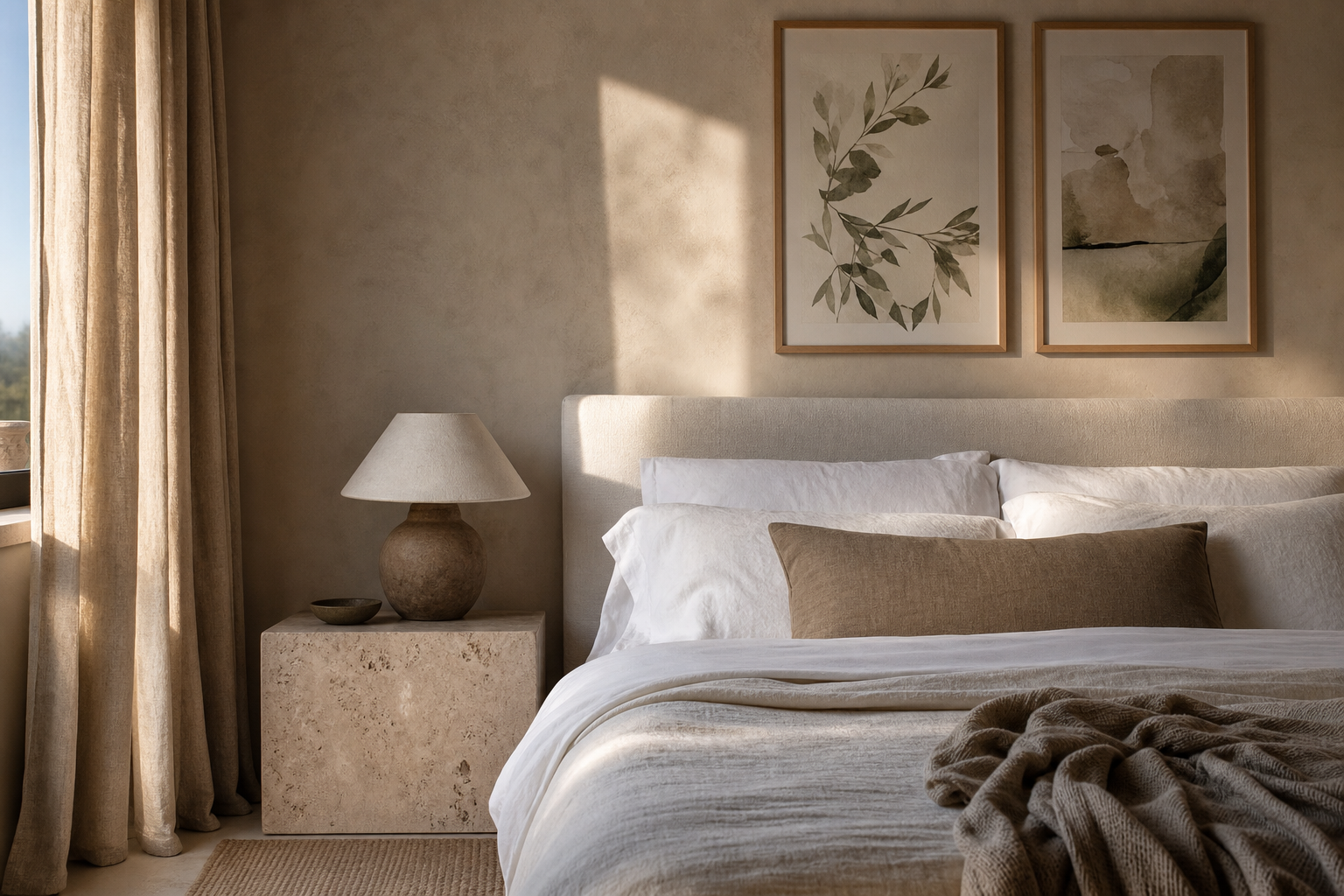Calm bedroom with elegant framed art prints above the bed