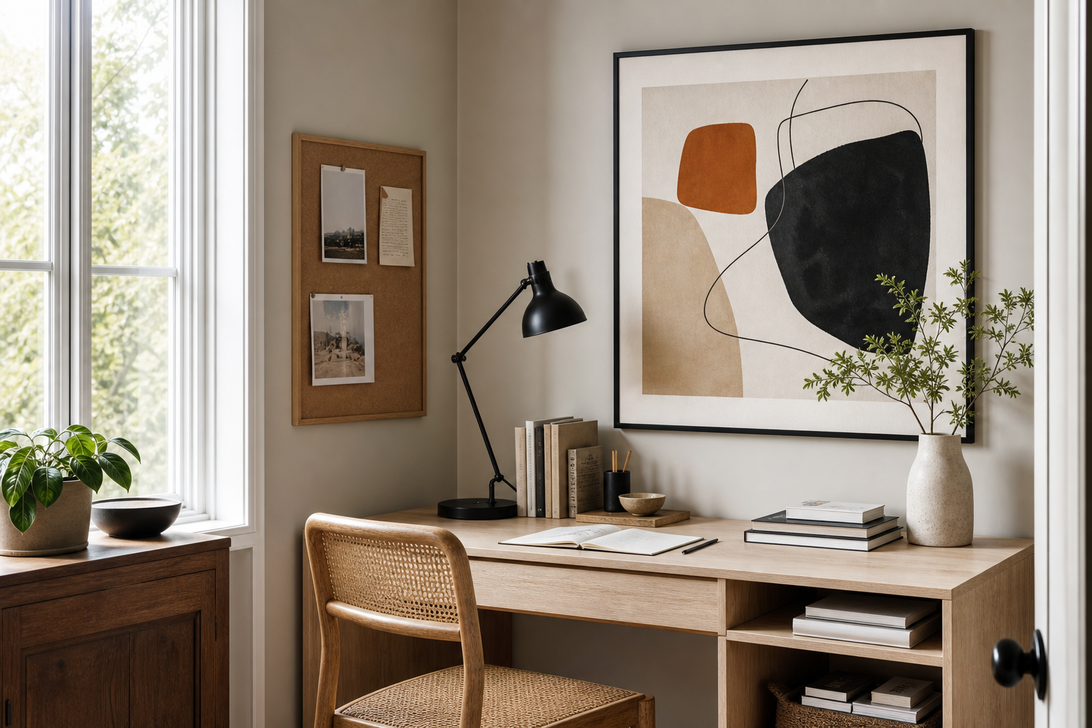 Home office wall with affordable large-scale framed art and relaxed styling