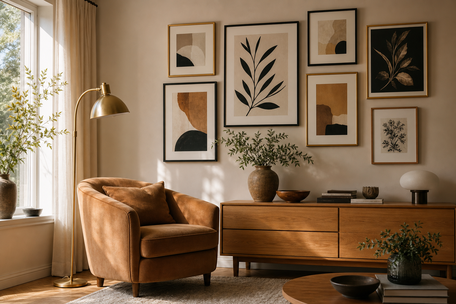 Styled gallery wall mixing art print and poster formats in a living room