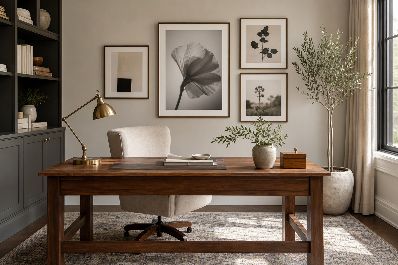Curated gallery wall centered around a black and white portrait print