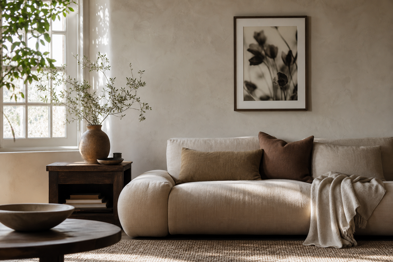 Monochrome portrait wall art in a softly layered living room