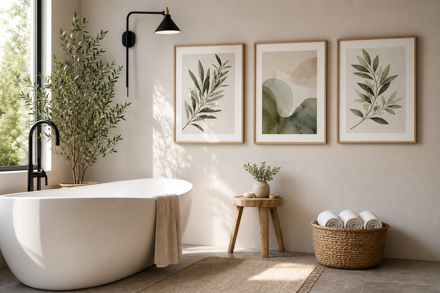 Relaxed bathroom gallery wall beside freestanding bath